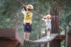 Enfants marchent sur passerelle de bois